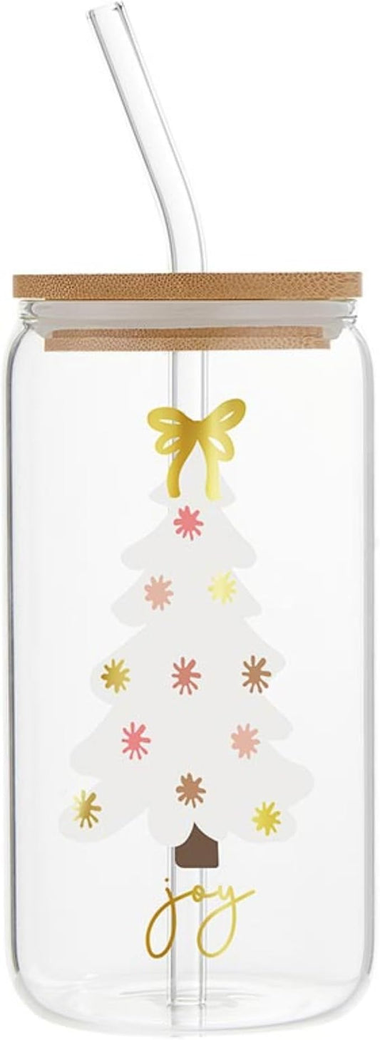 Santa Barbara Design Studio Blush Collection Holiday Cold Brew Glass Travel Tumbler Cup with Bamboo Lid and Glass Straw, 16 Fluid Ounces, Joy Tree