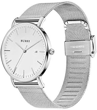 BUREI Men Watches Brown Leather Fashion Minimalist Wrist Watch Simple Ultra Thin Waterproof Quartz Watches All Black Stainless Steel Mesh Band,Gift for Men Women