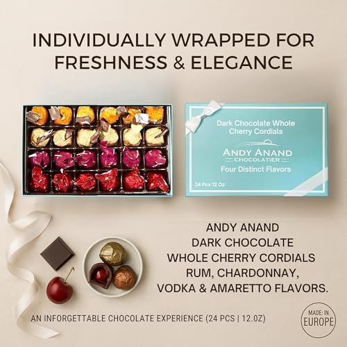 Andy Anand Chocolatier Dark Chocolate Whole Cherry Cordials, Rum, Chardonnay, Vodka & Amaretto Flavors. Individually Wrapped, Flown Fresh from Europe, Unforgettable Chocolate Experience (24 Pcs 12 Oz)