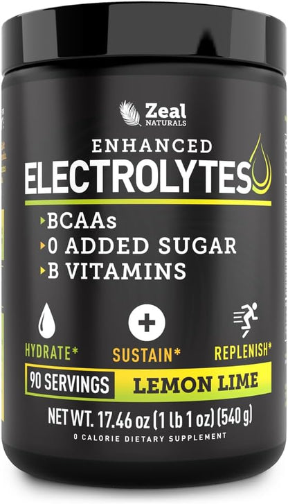Zeal Electrolyte Powder - 90 Servings | Keto Electrolytes Powder | Zero Sugar, BCAAs, B-Vitamins | Potassium, Zinc, Magnesium | Hydration Powder Recovery Drink | Lemon Lime