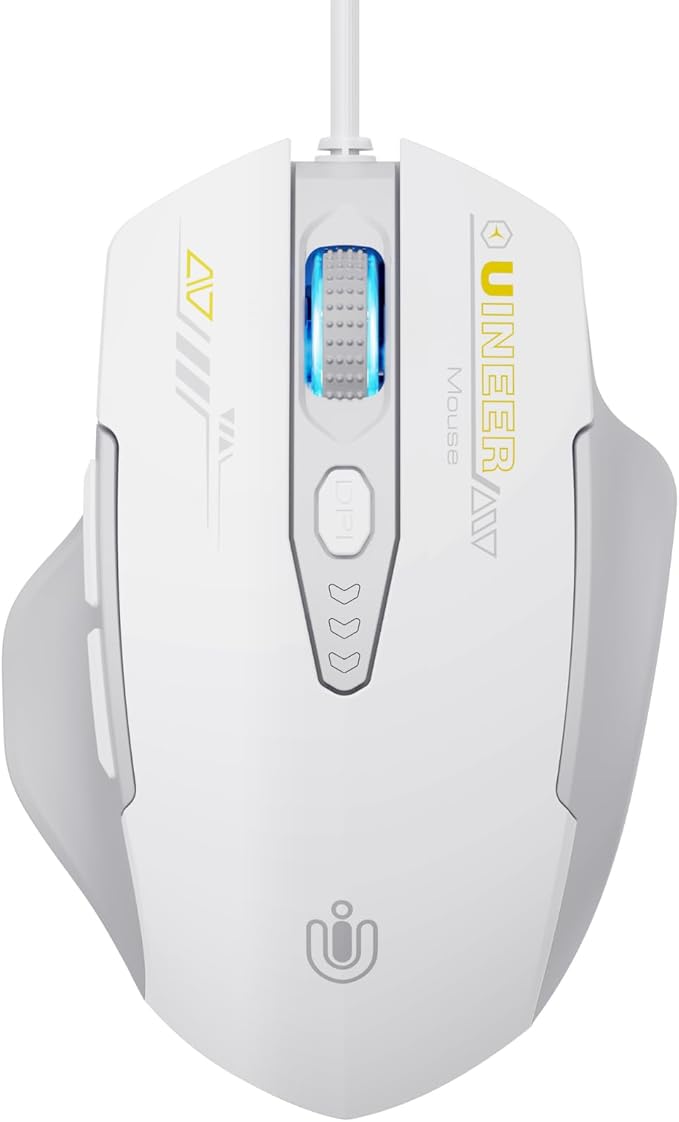 Uineer Wired Mouse, 4 Levels Adjustable DPI, 6 Programmable Buttons, Ergonomic Computer Wired Mouse for PC Laptop Computer for Working and Gaming - Plug & Play (White)