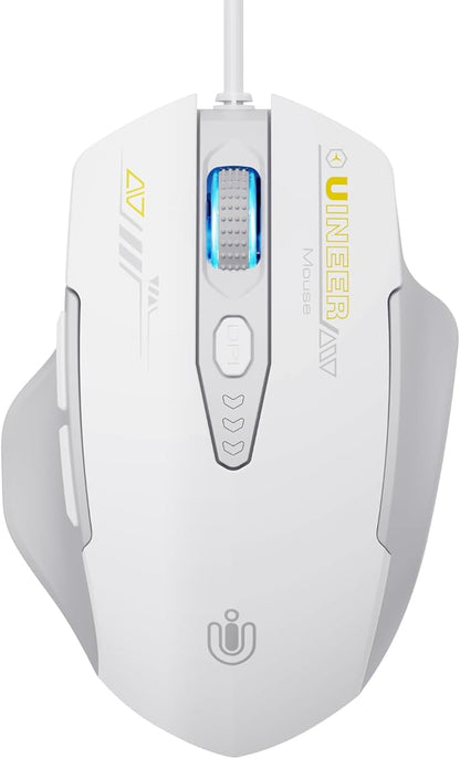 Uineer Wired Mouse, 4 Levels Adjustable DPI, 6 Programmable Buttons, Ergonomic Computer Wired Mouse for PC Laptop Computer for Working and Gaming - Plug & Play (White)