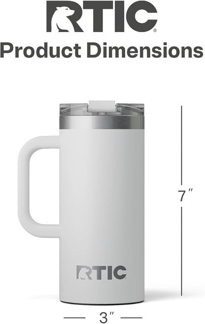 RTIC 16oz Road Trip Travel Mug with Lid and Handle, Ceramic Lined, Insulated, Stainless Steel, Metal, Double Wall Vacuum-Insulation, Portable Coffee, Tea Cup for Hot and Cold Drink, Cool Grey
