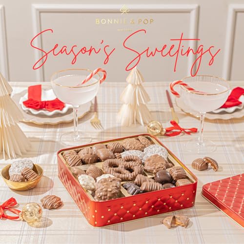 Christmas Chocolate Gift Basket – Gourmet Holiday Snack Gift Box Idea in Keepsake Tin – Men, Women, Corporate, Food Set- Bonnie and Pop