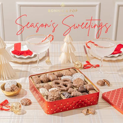 Christmas Chocolate Gift Basket – Gourmet Holiday Snack Gift Box Idea in Keepsake Tin – Men, Women, Corporate, Food Set- Bonnie and Pop