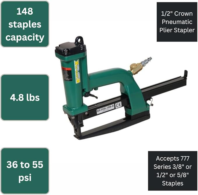 KP-P50-777 1/2 Inch Crown Pneumatic Plier Stapler for 777 Series Staples with 3/8-Inch 1/2-Inch or 5/8-Inch Leg Staples, Ideal for Trays & Lids, End Caps, Header & Bags, Container Inserts
