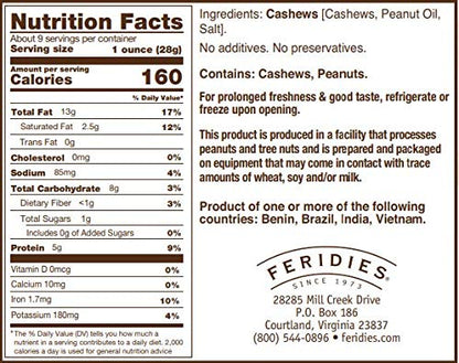 FERIDIES Gourmet Whole Salted Cashews, Rich Flavor Plump Size, Non-Gmo, Ou Kosher Certified - 9 Oz Tin