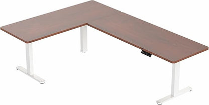 VIVO Electric Height Adjustable 83 x 60 inch Corner Stand Up Desk, 2 Dark Walnut Solid Table Tops, White Frame, Memory Controller, L-Shaped Workstation, 3E Series, DESK-KIT-3E8WD