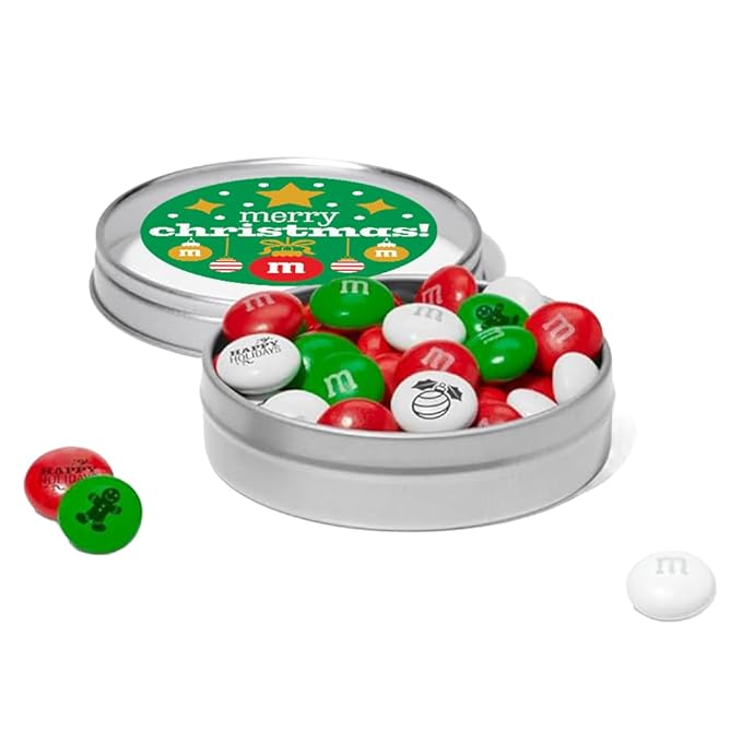 M&M’S Holiday Favor Tins, Set of 24, Unique Holiday Favors filled with Pre-Designed M&M’S Holiday Candies for Holiday Parties and Stocking Stuffers