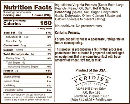 FERIDIES Hot and Spicy Extra Large Virginia Peanuts, 9 Oz Pack, All Natural, Gluten-Free, OU Kosher