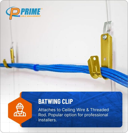 Prime Heavy Duty Metal Cable Support Batwing J-Hook Hangers with Bat Wing Clip for Ceiling Wire & Threaded Rod for Cable Management