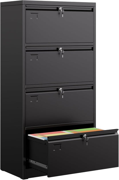 SUXXAN Metal 4 Drawer Lateral File Cabinet with 4 Lock - Wide Filing Cabinet for Letter/Legal/F4/A4 Hanging Files - Includes Business Card Holder,Home Office School Storage,Black