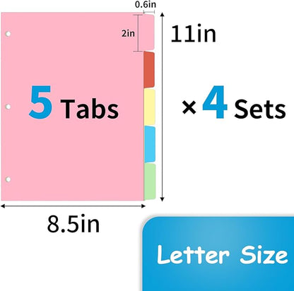 Binder Dividers for 3 Ring Binder, 1/5 Cut Tabs, Letter Size, Blank Write On Page Dividers with 5 Big Tabs for School Office Home, 4 Sets, 20 Dividers, Colorful