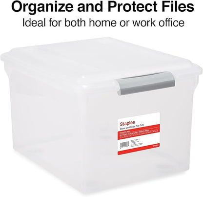 TRU RED Staples Store & Slide Hanging File Box, Latch Lid, Letter/Legal Size, Clear