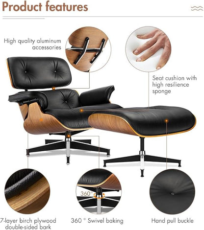 Mid Century Chaise Lounge Chair with Ottoman, Top Black Grain Leather, Modern Office Chair Classic Design, Heavy Duty Base Support for Living Room Study Lounge Office