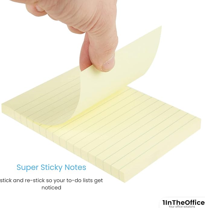 1IntheOffice Lined Sticky Notes 4x6, Post It Notes Lined, Lined Note Pads, Self-Stick, 100 Sheets/Pack, Yellow, 12 Pack
