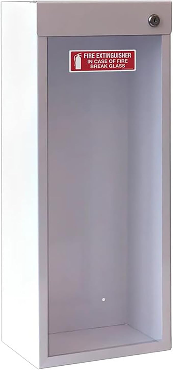 Fire Extinguisher Mount - White Cabinet with Break Glass Window & Breaker Bar - 22 Gauge Steel, Powdercoat Finish, Universal Wall Mountability-5-10lb.Capacity - Made in USA - Extinguisher Not Included
