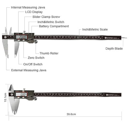 KETOTEK Digital Caliper, 12 Inch/300mm Vernier Caliper Measuring Tool with Stainless Steel, IP54 Splash Proof, Electronic Micrometer LCD Screen Auto-Off, Inch/Millimeter Conversion for 3D Printing