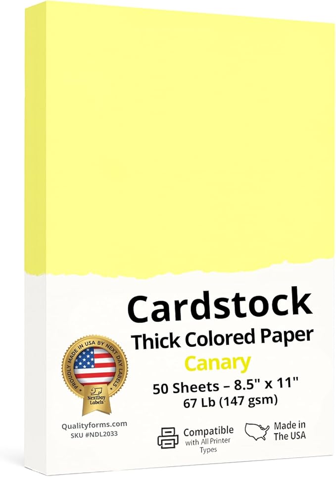 NextDayLabels Color Cardstock Paper - 50 Sheets - 8-1/2" x 11" - Pastel Canary 67 lb (147 gsm) - Thick Colored Paper for Crafting, Invitations, Posters, Flyers, and DIY Projects - Made in USA