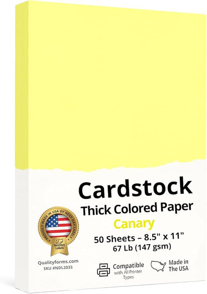 NextDayLabels Color Cardstock Paper - 50 Sheets - 8-1/2" x 11" - Pastel Canary 67 lb (147 gsm) - Thick Colored Paper for Crafting, Invitations, Posters, Flyers, and DIY Projects - Made in USA
