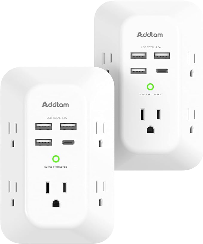 2 Pack Addtam USB Wall Charger Surge Protector, 5 Outlet Extender with 4 USB Charging Ports (1 USB C Outlet) 3 Sided 1800J Power Strip Multi Plug Outlets, Wall Adapter Spaced for Home Office, White