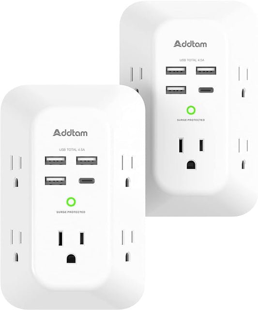 2 Pack Addtam USB Wall Charger Surge Protector, 5 Outlet Extender with 4 USB Charging Ports (1 USB C Outlet) 3 Sided 1800J Power Strip Multi Plug Outlets, Wall Adapter Spaced for Home Office, White