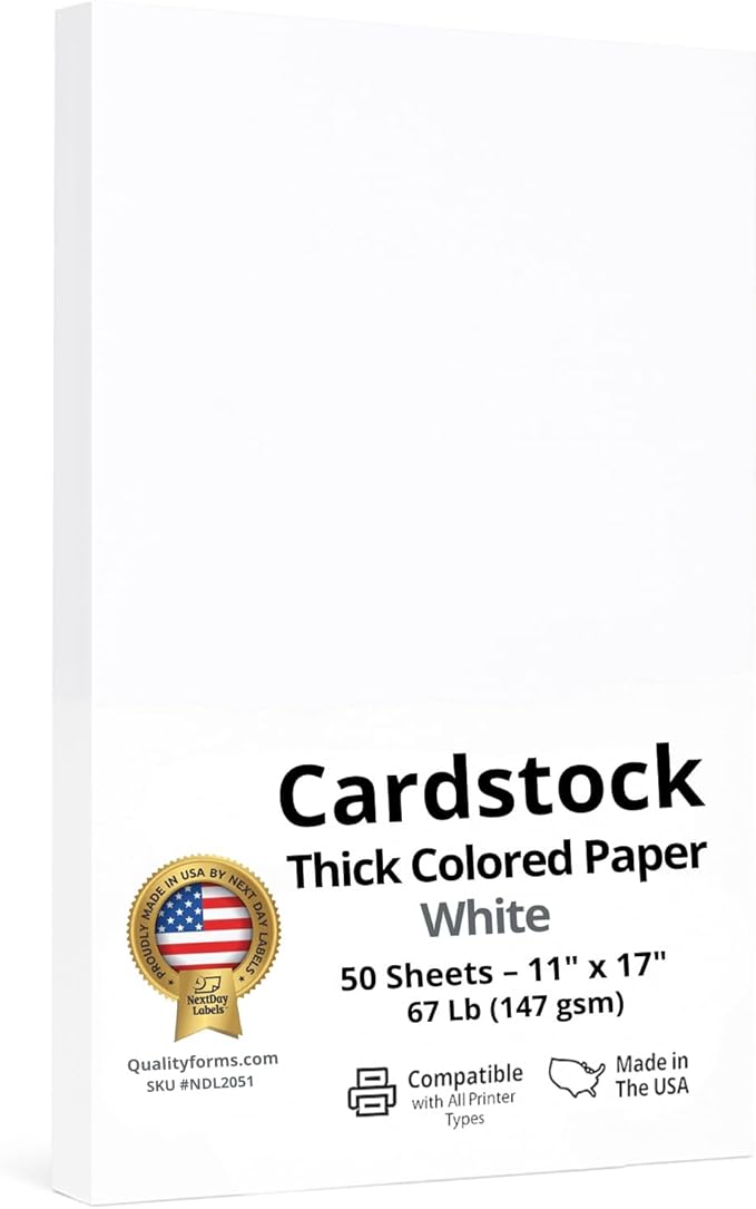 NextDayLabels Color Cardstock Paper - 50 Sheets -11" x 17" - White 67 lb (147 gsm) - Thick Colored Paper for Crafting, Invitations, Posters, Flyers, and DIY Projects - Made in USA