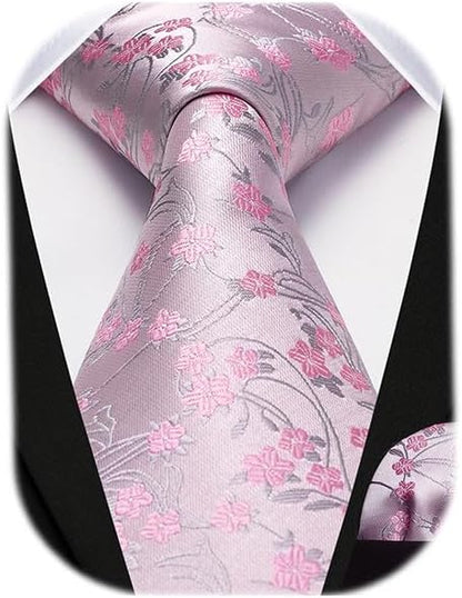 HISDERN Men Floral Ties Woven Classic 3.4" Necktie Set Formal Tie Pocket Square for Wedding with Handkerchief Gift Box