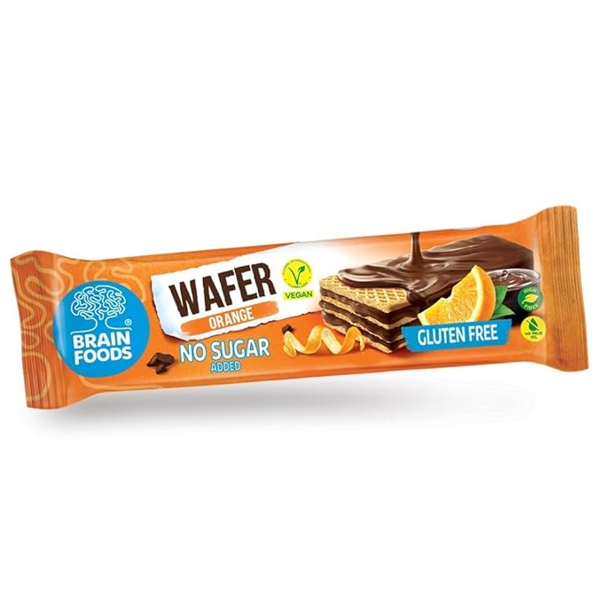 BRAIN FOODS Gluten Free Vegan Chocolate Coated Orange Wafers - 12 Bars, No Sugar Added, High Fiber, No Palm Oil, 1.4 oz, 170 Calories, Guilt Free Snack, Natural Orange Flavor