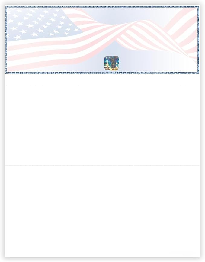 EZ Checks Premium Blank Hologram High Security Laser Check Stock | 500 Sheets (US Flag, Check at Top)