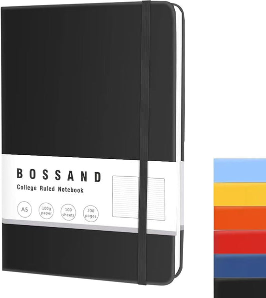 BOSSAND Lined Journal Notebook, A5 Journals for Writing, 200 Pages 100 GSM Thick Classic Ruled Paper, Hardcover, 8.25 inches x 5.75 inches, Black