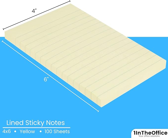 1IntheOffice Lined Sticky Notes 4x6, Post It Notes Lined, Lined Note Pads, Self-Stick, 100 Sheets/Pack, Yellow, 12 Pack