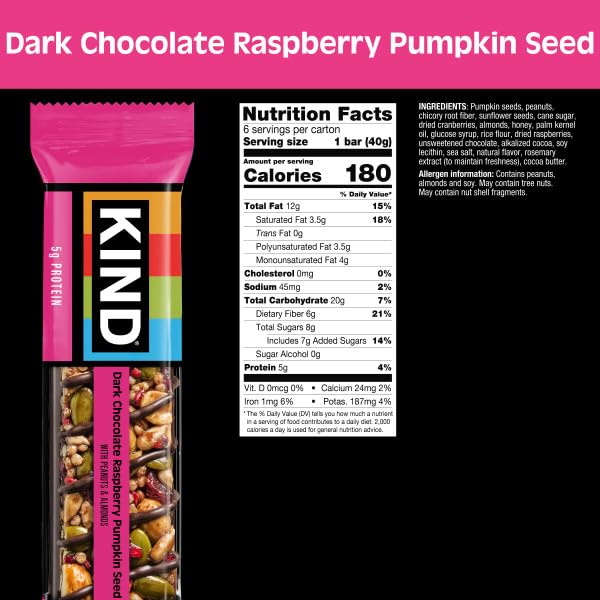 KIND Seeds Fruit & Nuts Snack Bar, Dark Chocolate Raspberry Pumpkin Seed | 5g Protein, High Fiber, Gluten Free Bars, 1.4 OZ, 12 Count