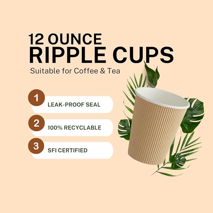 Ripple Paper Cups 12 oz 200 Pack for Coffee & Tea Made in USA | Bulk for Home, Office, Restaurants & Coffee Shops | Recyclable, Insulated, & Disposable To-Go Cups for Hot Beverages (12 oz - 200 count)