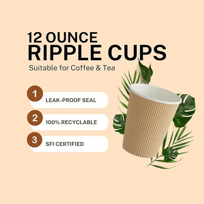 Ripple Paper Cups 12 oz 200 Pack for Coffee & Tea Made in USA | Bulk for Home, Office, Restaurants & Coffee Shops | Recyclable, Insulated, & Disposable To-Go Cups for Hot Beverages (12 oz - 200 count)