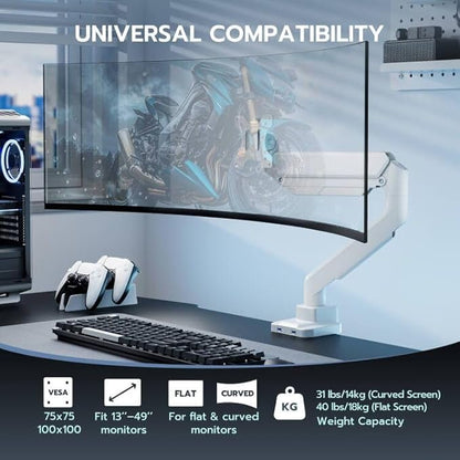 ARES WING Single Monitor Arm, Heavy Duty Adjustable Monitor Arm for 13"-49" Screens with USB, Gas Spring Desk Mount Stand with C Clamp/Grommet Mounting Base up to 40lbs Computer, White
