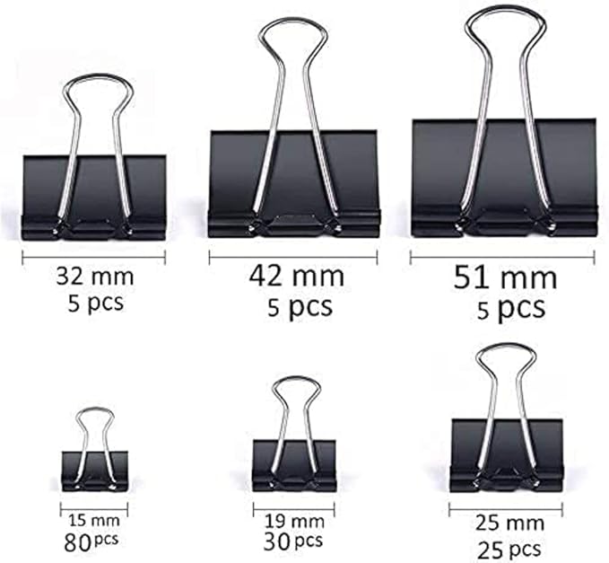 JANYUN 150Pcs Large Binder Clips 6 Assorted Sizes Paper Clamps Clip for Paper Metal Clip Office School Home Supplies (Black)