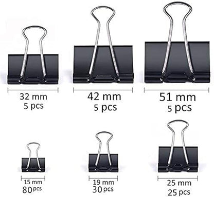 JANYUN 150Pcs Large Binder Clips 6 Assorted Sizes Paper Clamps Clip for Paper Metal Clip Office School Home Supplies (Black)