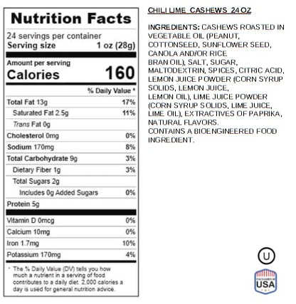 Chili Lime Cashews (24 oz) - Spicy & Tangy Flavored Cashew | Resealable Bag | Gourmet Roasted Nuts | Perfect Snack for On-the-Go, Parties, and Gifting | High Protein | Healthy Snacking | Jaybee's Nuts