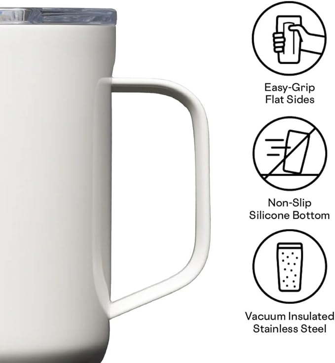 Corkcicle Pure Taste Mug - Stainless Steel Insulated Coffee Cup With Lid - Non-Slip Silicone Base - Ceramic Interior Coating - Durable Travel Mug - Dishwasher Safe - 16 oz - Latte/Oat Milk