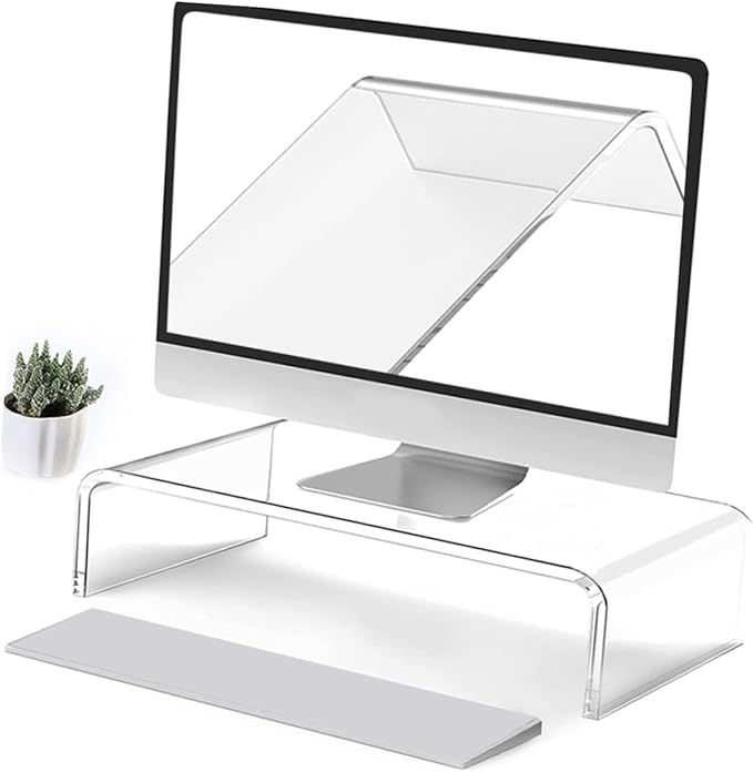 GALPADA Heavy Duty Acrylic Monitor Stand Riser for Office Desk Wide Desktop Organizer with Keyboard Storage Space Ergonomic Height Computer Display Shelf for Neck and Eye Comfort