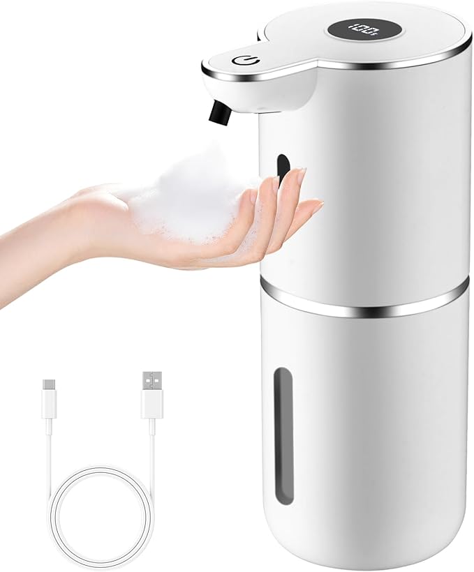 Automatic Foaming Soap Dispenser, LED Display Touchless Foam Hand Soap Dispenser for Bathroom Countertop, Kitchen, 6-Level Adjustable,380ML, Rechargeable(White)