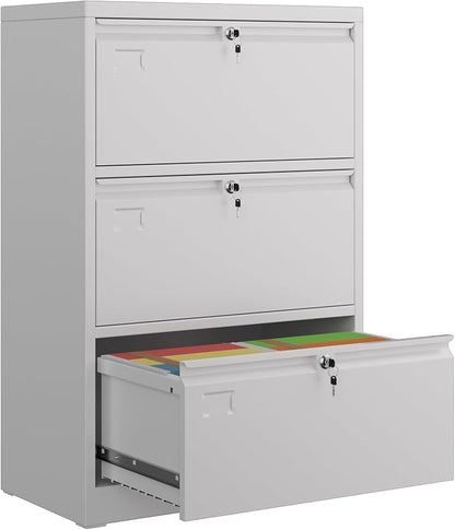 SUXXAN Metal 3 Drawer Lateral File Cabinet with 3 Lock - Wide Filing Cabinet for Letter/Legal/F4/A4 Hanging Files - Includes Business Card Holder,Home Office School Storage,White