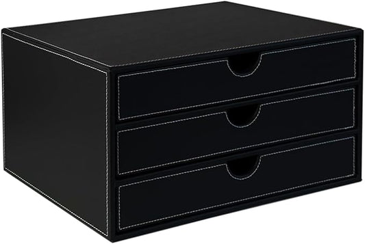 UnionBasic Document Organizer, 3-Drawer File Cabinet Document Storage Box, Office Desktop Filing Organizer, Black with White Stitching
