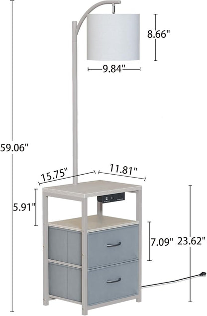 SUNMORY Floor Lamp with Table & 2 Drawers, Lamp with USB Port and Outlet, Lamps for Nightstand with 3 Color Temperature Led Bulb Included, Floor Lamps for Living Room, Bedroom and Home Office, Grey