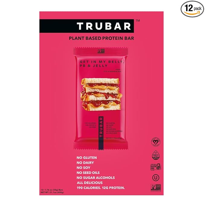 TRUBAR Vegan Protein Bar, Get In My Belly Pb & Jelly, Gluten Free, Plant Based, High Fiber, Dairy Free, Low Fat, Non GMO, No Sugar Alcohols, 12G Lean Protein, 13G Fiber, Healthy Snack Bars, 12 CT