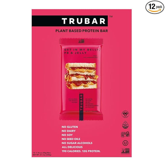 TRUBAR Vegan Protein Bar, Get In My Belly Pb & Jelly, Gluten Free, Plant Based, High Fiber, Dairy Free, Low Fat, Non GMO, No Sugar Alcohols, 12G Lean Protein, 13G Fiber, Healthy Snack Bars, 12 CT