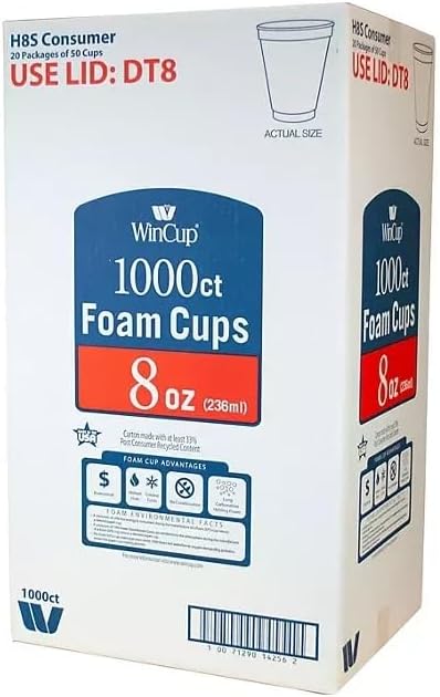 Win-Cup 8oz Styrofoam Drinking Cup, Case of 1000