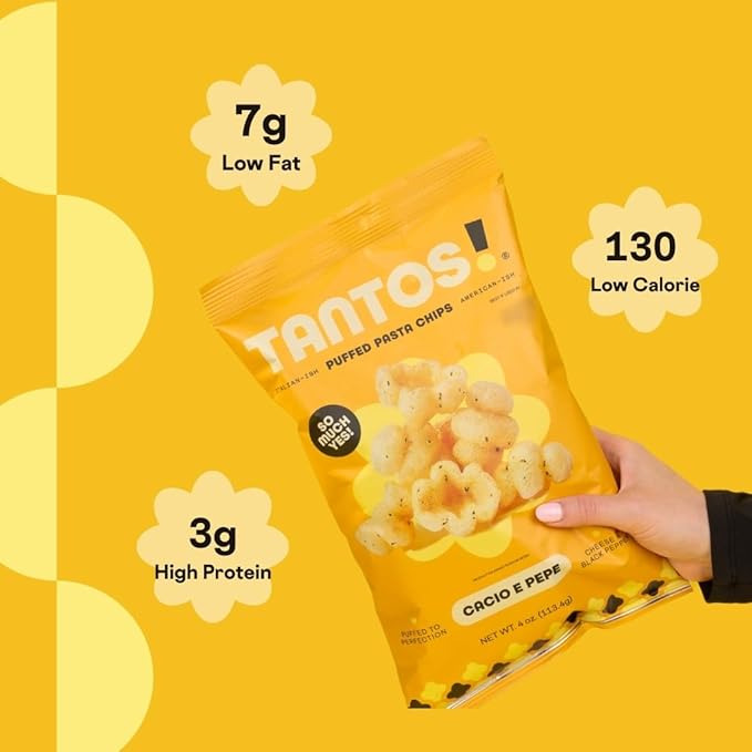 Tantos! Puffed Pasta Chips, Healthy Pasta Snack by Top Chef Joe Sasto, As Seen on Shark Tank, Plant Based, Low Calorie, Crunchy Chips, Variety Pack, Marinara, Pesto, Cacio e Pepe, Classico, Gourmet Bold Flavors, 1 oz 6 Pack, Cacio e Pepe