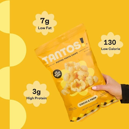 Tantos! Puffed Pasta Chips, Healthy Pasta Snack by Top Chef Joe Sasto, As Seen on Shark Tank, Plant Based, Low Calorie, Crunchy Chips, Variety Pack, Marinara, Pesto, Cacio e Pepe, Classico, Gourmet Bold Flavors, 1 oz 6 Pack, Cacio e Pepe